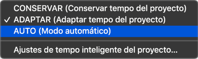 Ilustración. Menú de visualización de tempo con tres modos de tempo inteligente.