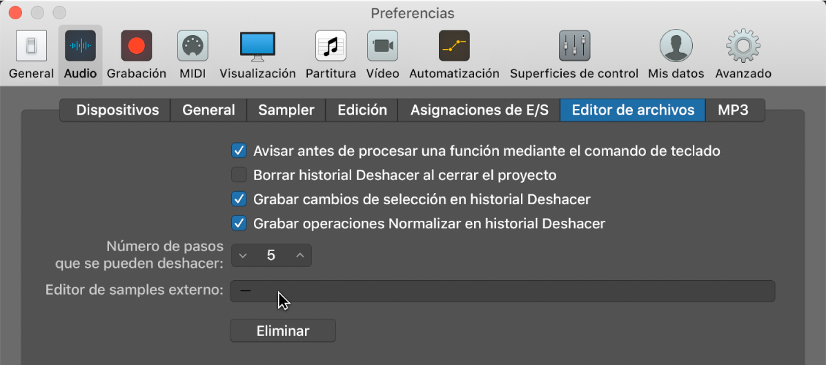 Ilustración. Panel “Editor de samples” en el panel de preferencias Audio.