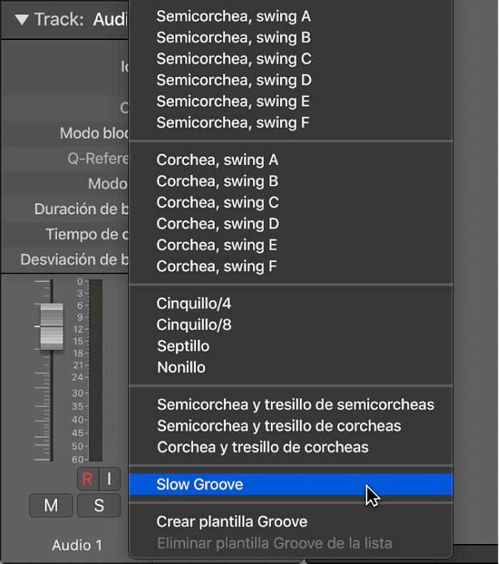 Ilustración. Nombre de plantilla de groove por omisión seleccionado en el menú desplegable Cuantizar.