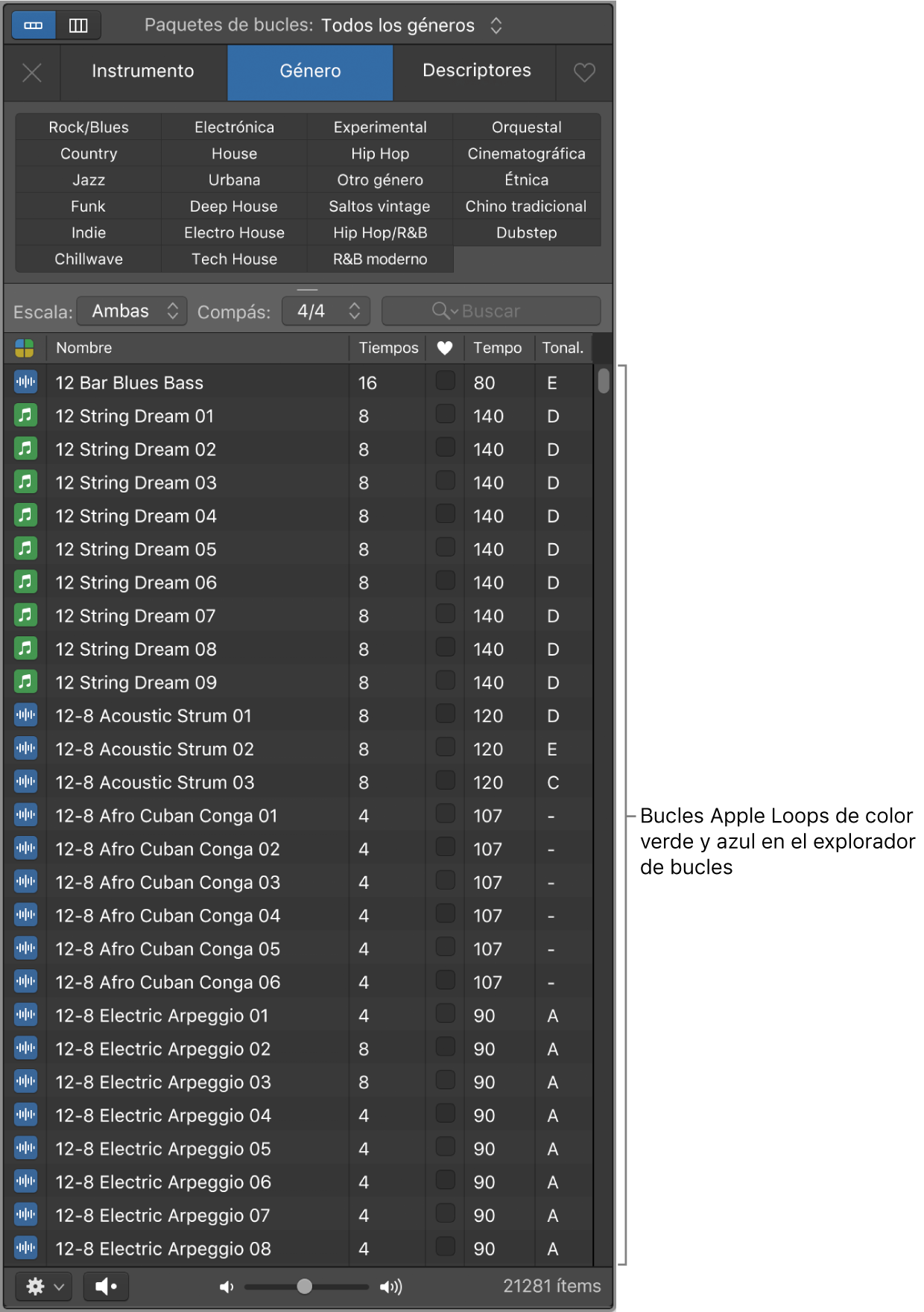Explorador de bucles mostrando bucles Apple Loops de instrumento de software (en color verde) y de audio (en color azul).