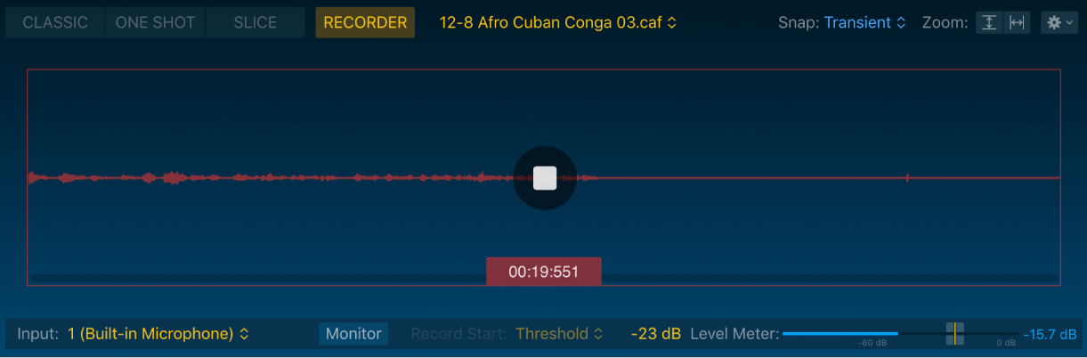 Ilustración. Visualización de onda del modo Recorder de Quick Sampler, que muestra todos los parámetros relacionados.