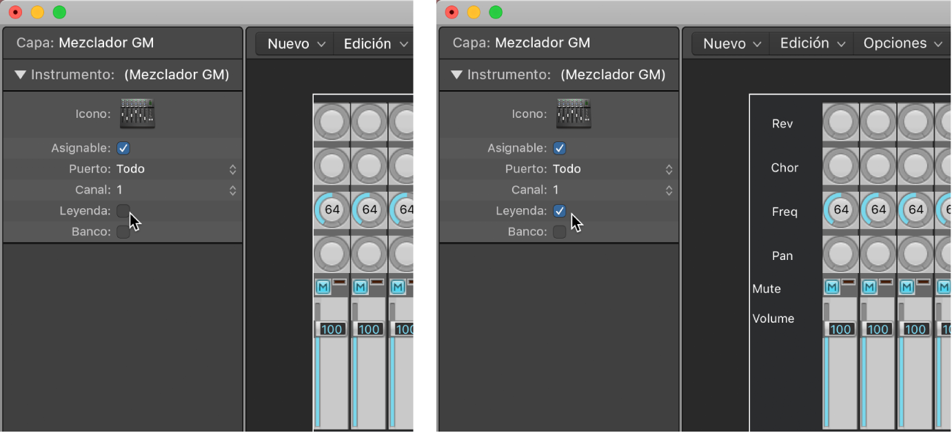 Ilustración. Se muestra la casilla Leyenda del mezclador GM activada y desactivada.