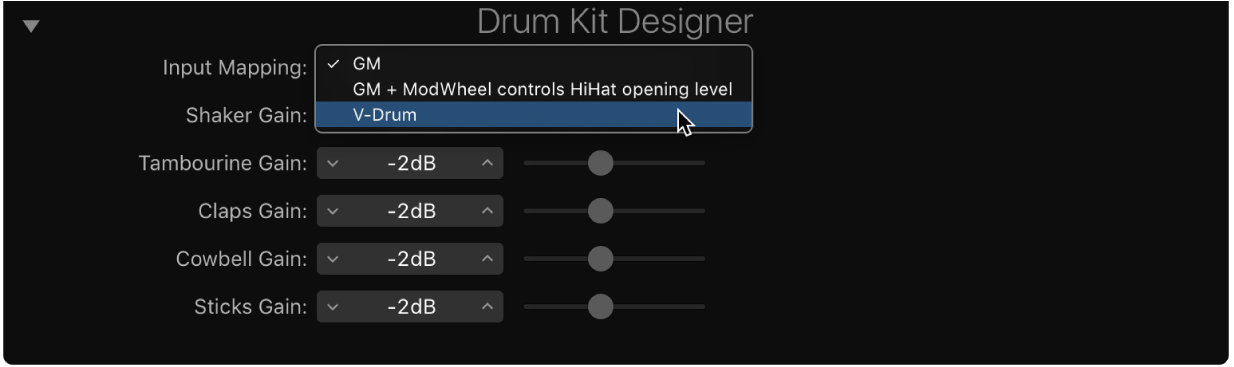 Ilustración. Opciones de “Asociación de entrada” en Drum Kit Designer.