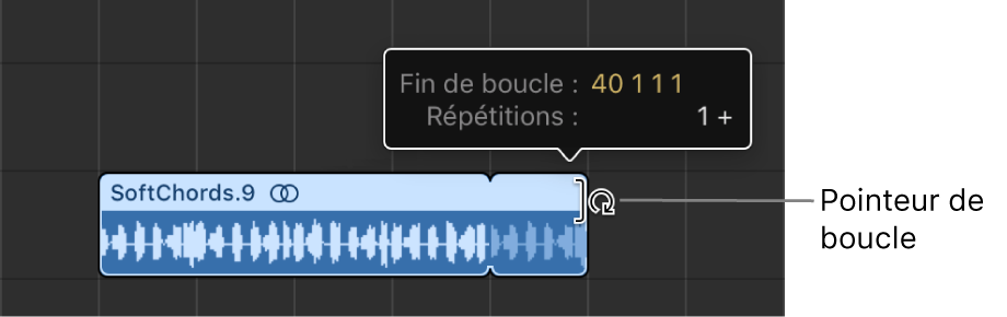 Figure. Mise en boucle d’une région dans la zone Pistes. La bulle d’aide indique la durée de la région et le nombre de répétitions.