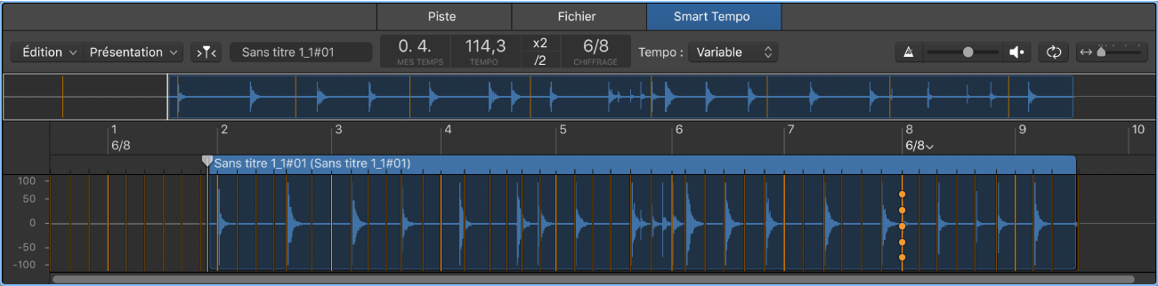 Figure. Éditeur de Smart Tempo avec un fichier audio et un temps sélectionnés.