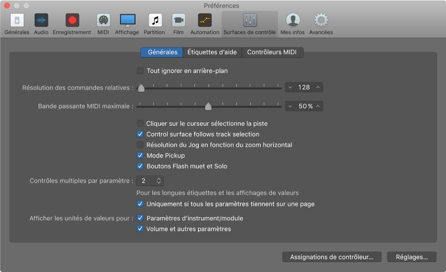 Figure. Fenêtre Préférences des surfaces de contrôle de Logic Pro.