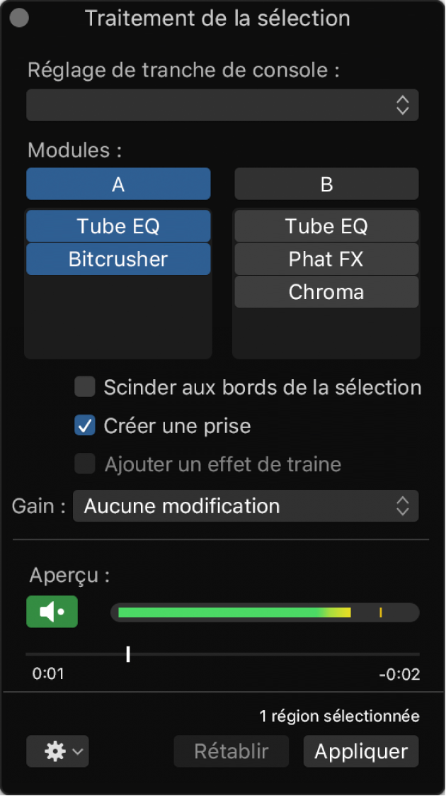 Figure. Fenêtre Traitement de la sélection avec le jeu A actif.