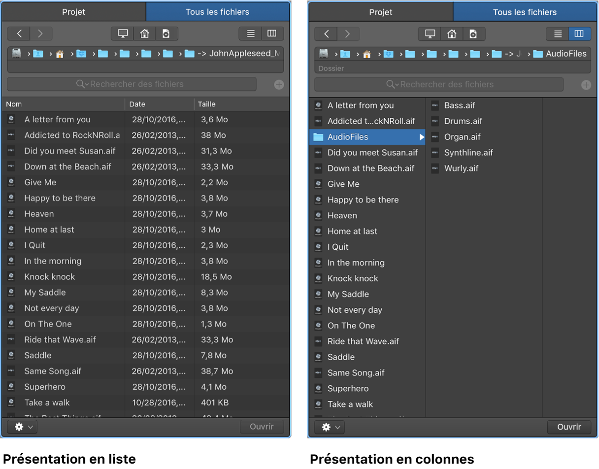 Figure. Présentation en liste et présentation en colonnes dans le navigateur Tous les fichiers.