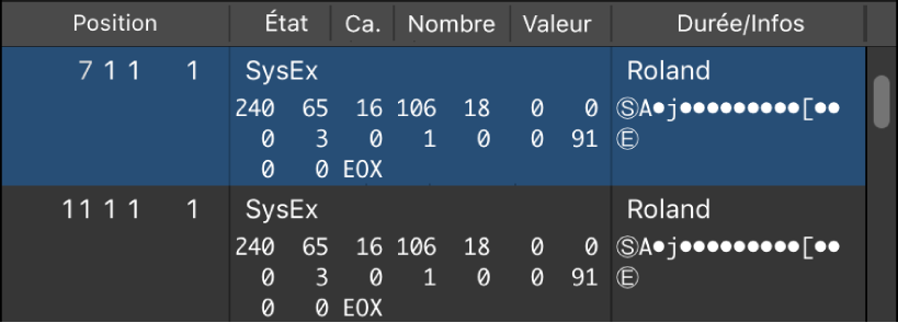 Figure. Liste d’événements affichant des événements SysEx.