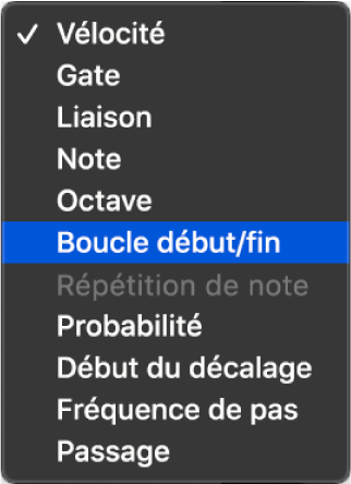 Menu local Mode Édition du séquenceur pas à pas ouvert dans une sous-rangée, avec les différents modes.