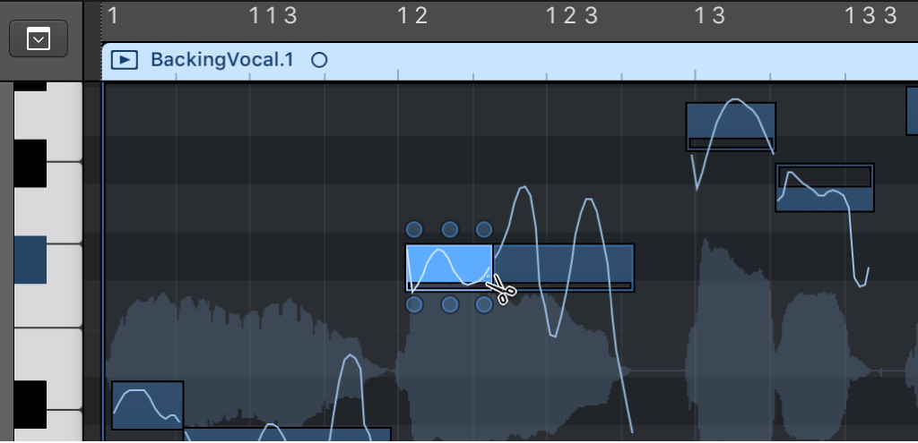 Figure. Coupe d’une note à l’aide de l’outil Ciseaux dans l’éditeur de piste audio.