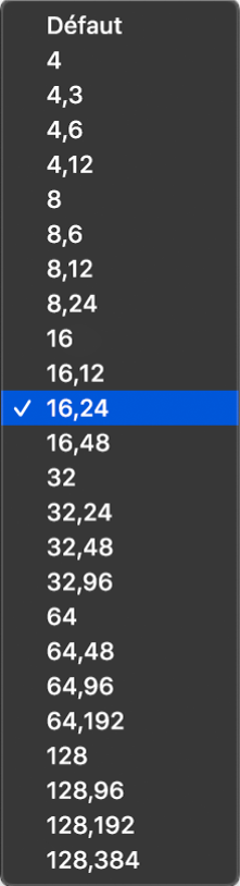 Figure. Paramètres de quantification d’affichage dans le menu local Quantifier