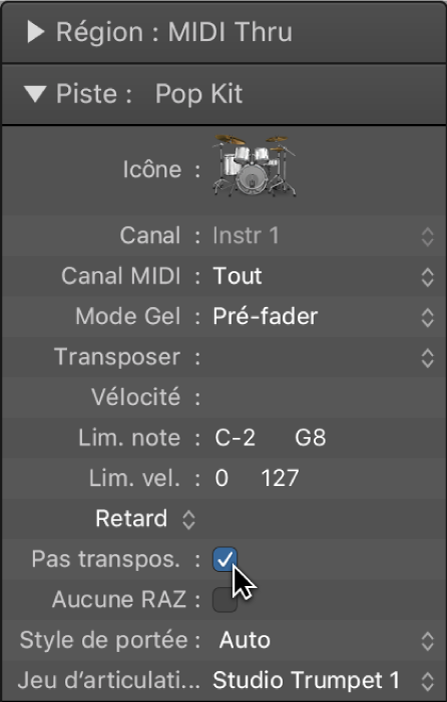 Figure. Zone de paramètre de piste avec la case « Pas transpos. » cochée.