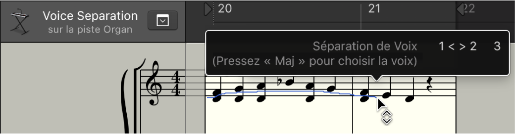 Figure. Outil Séparation de Voix entre deux notes dans l’éditeur de partition