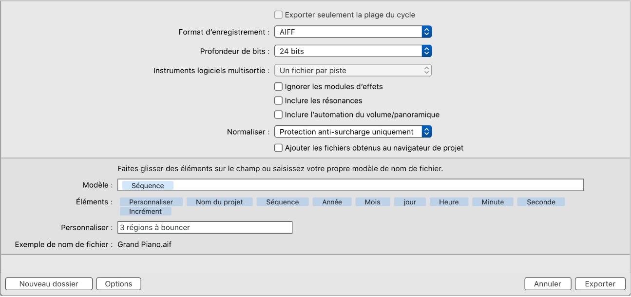 Figure. Zone de dialogue Région comme fichier audio.