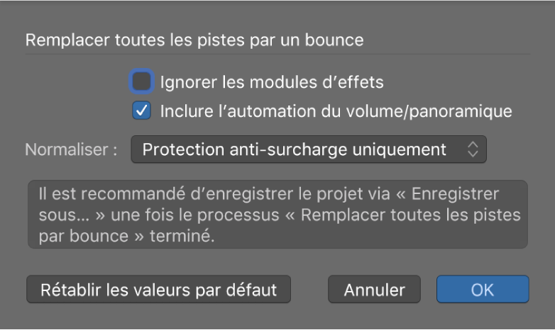 Figure. Zone de dialogue Remplacer toutes les pistes par un bounce.