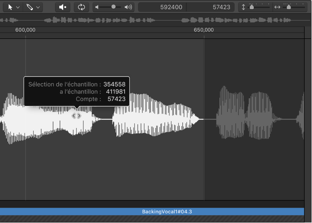 Figure. Sélection dans l’éditeur de fichier audio avec flèche double sur le centre.