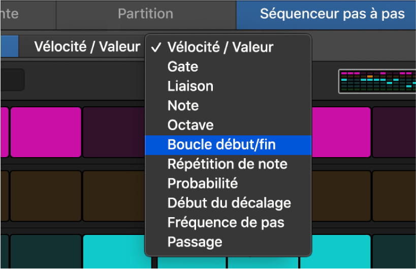 Sélecteur du mode d’édition du séquenceur pas à pas montrant les différents modes.