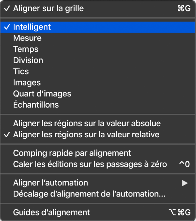 Figure. Menu local Alignement pour la zone Pistes.