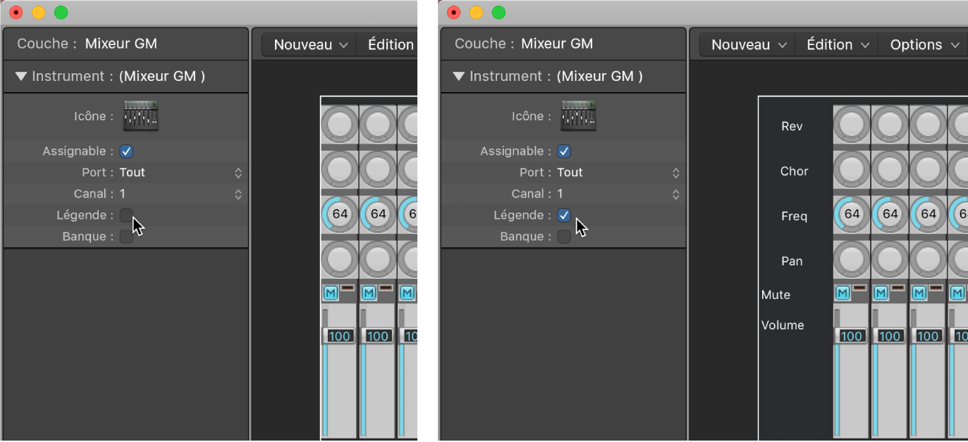 Figure. Case Légende de la table de mixage GM cochée et décochée.