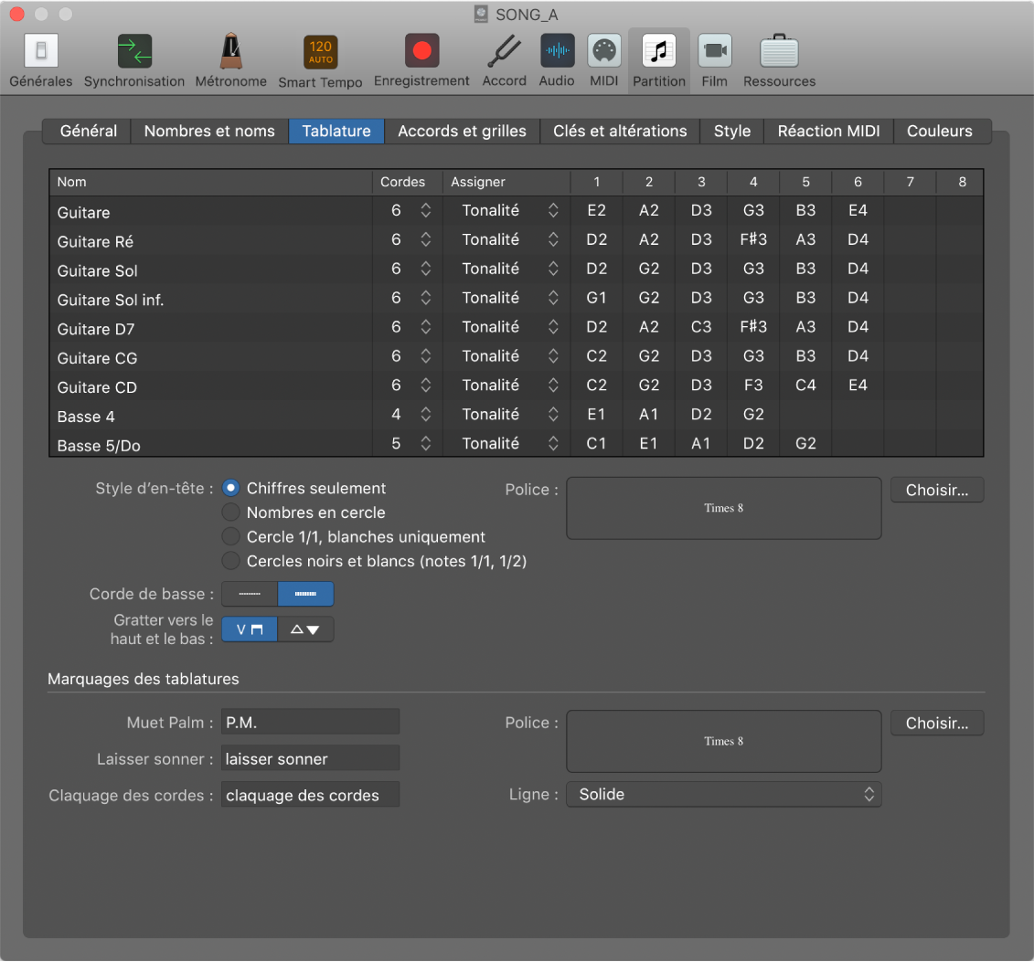 Figure. Réglages de tablature de la partition.