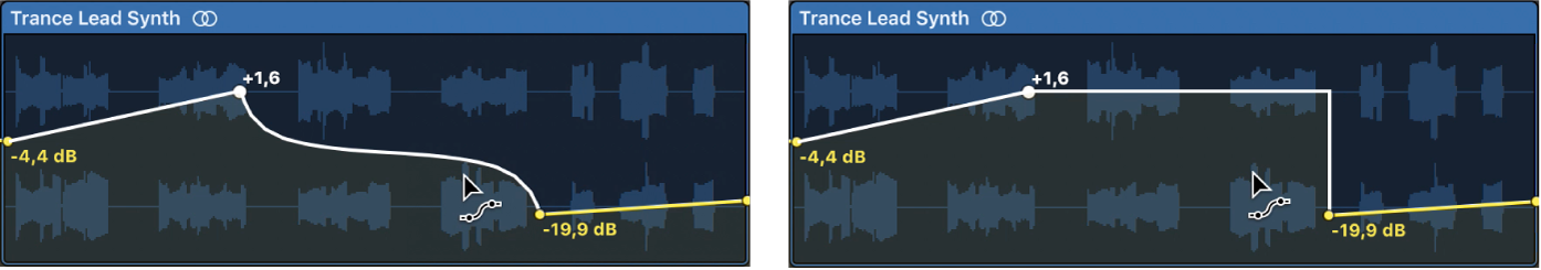 Tout en maintenant la touche Option enfoncée, cliquez sur une courbe d’automation à l’aide de l’outil Courbe d’automation pour convertir une courbe continue en courbe instantanée.