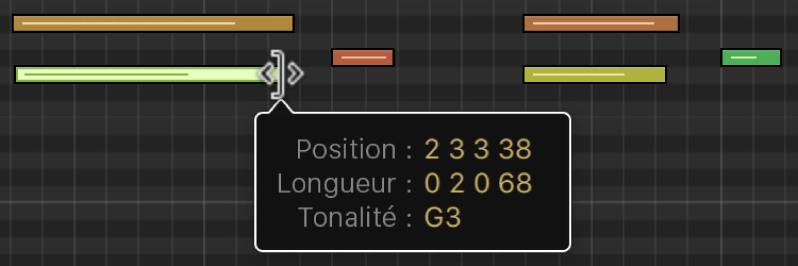 Figure. Redimensionnement d’une note par glissement de son bord droit dans l’éditeur de partition défilante.