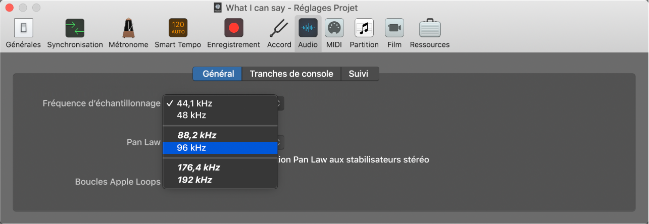 Figure. Menu Fréquence d’échantillonnage dans la sous-fenêtre des réglages de projet Audio