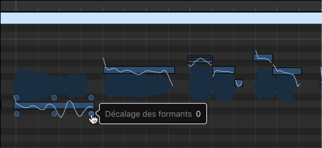 Figure. Éditeur de piste audio avec zones actives de modification.