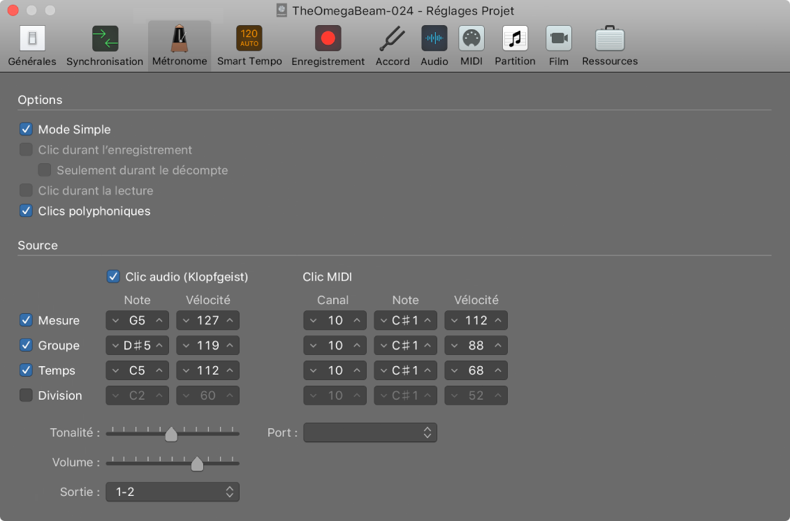 Figure. Réglages Métronome.