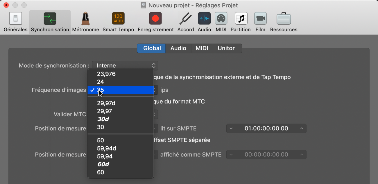 Figure. Menu local Fréquence d’images affiché dans les réglages de synchronisation du projet.