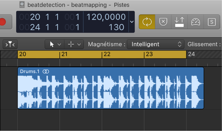 Figure. Zone Pistes avec plage de locators légèrement plus courte que la région audio.