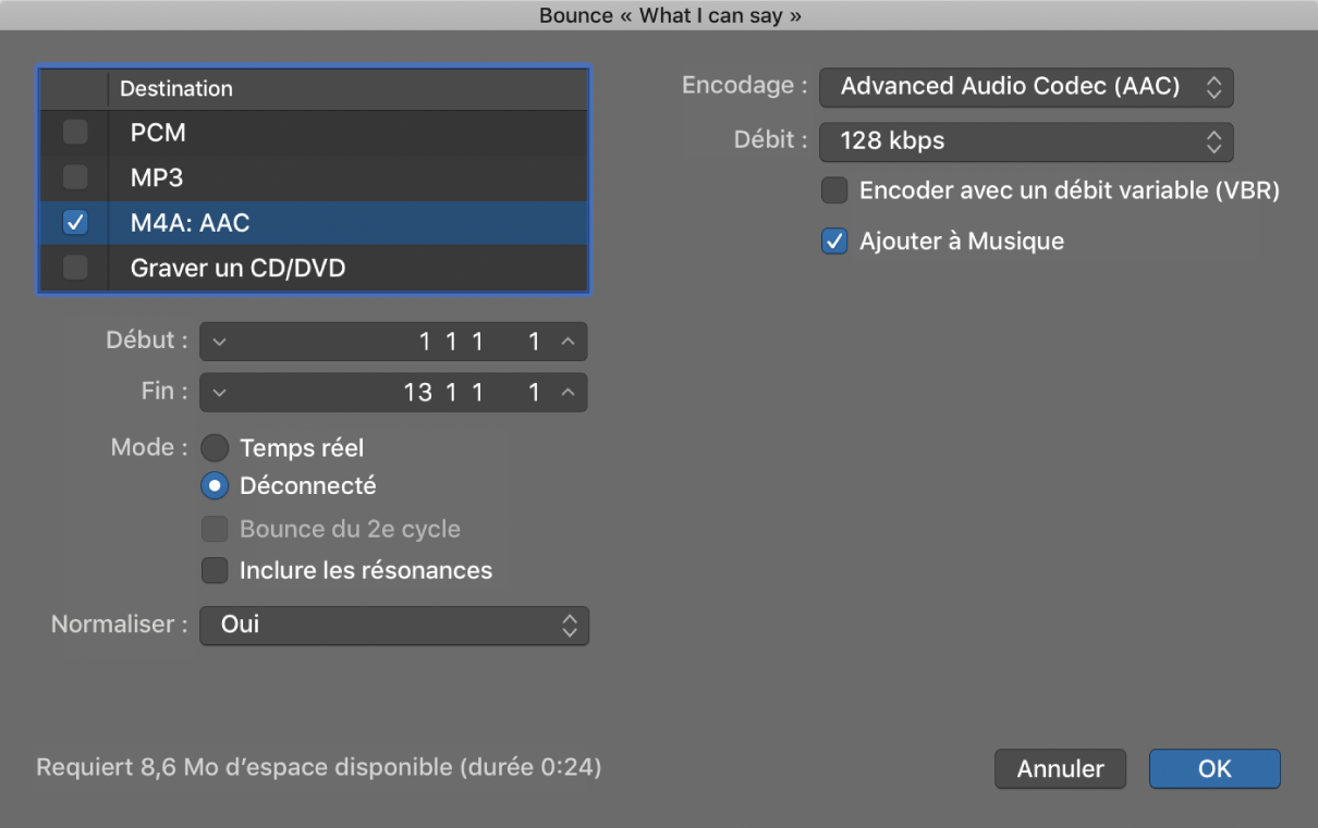 Figure. Options du format M4A AAC dans la fenêtre Bounce.