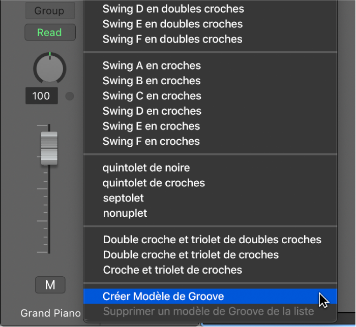 Figure. Option « Créer un modèle de Groove » sélectionnée dans le menu local Quantifier.