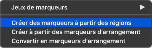 Figure. Piste des marqueurs affichant la commande de menu « Créer des marqueurs à partir des régions ».