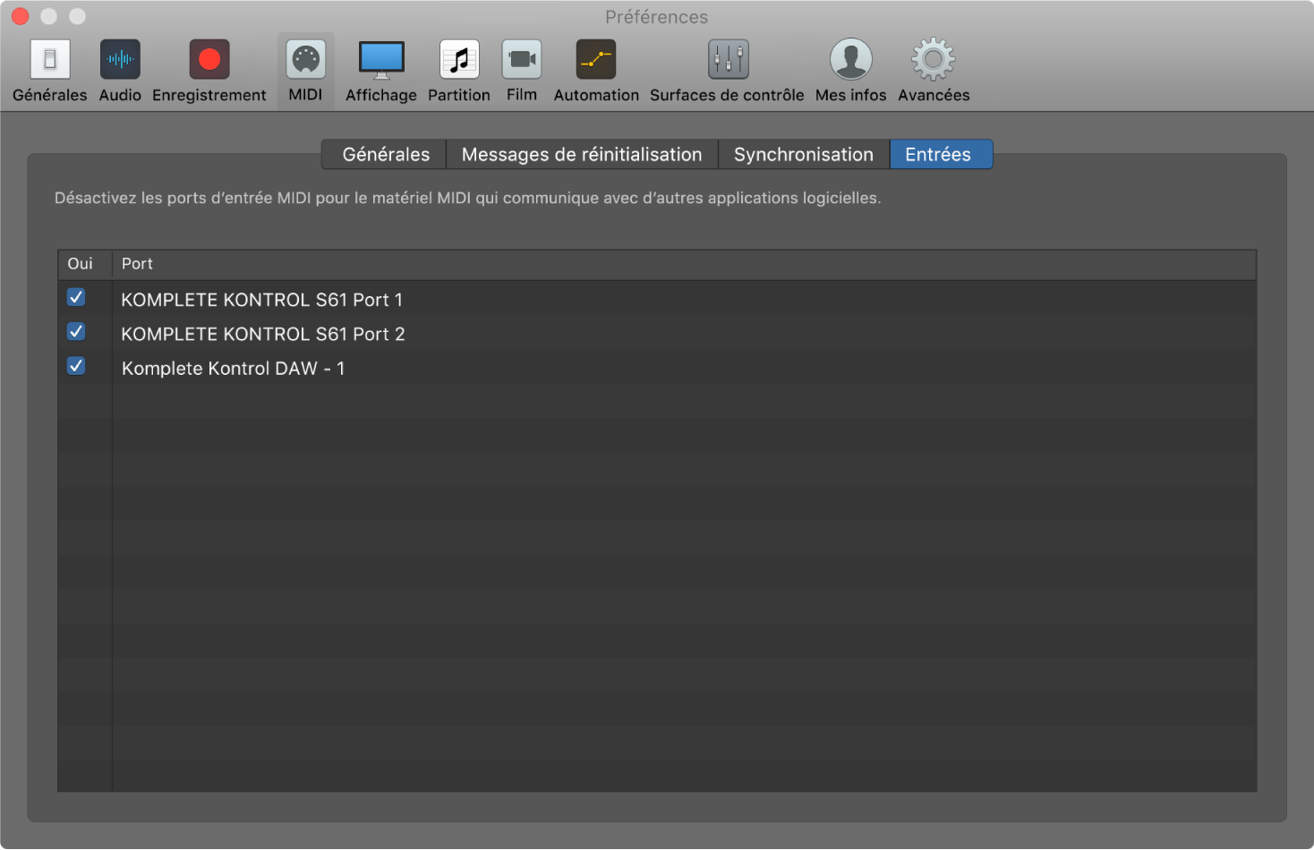 Figure. Préférences Entrées MIDI.