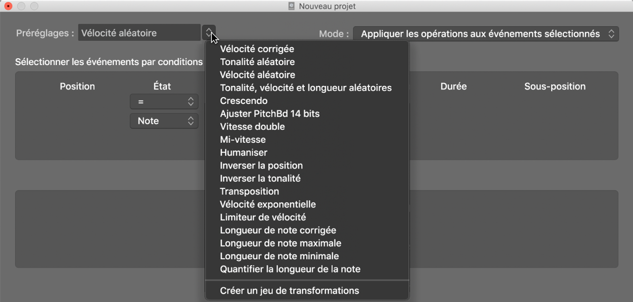 Figure. Fenêtre de transformation avec menu Préréglages.