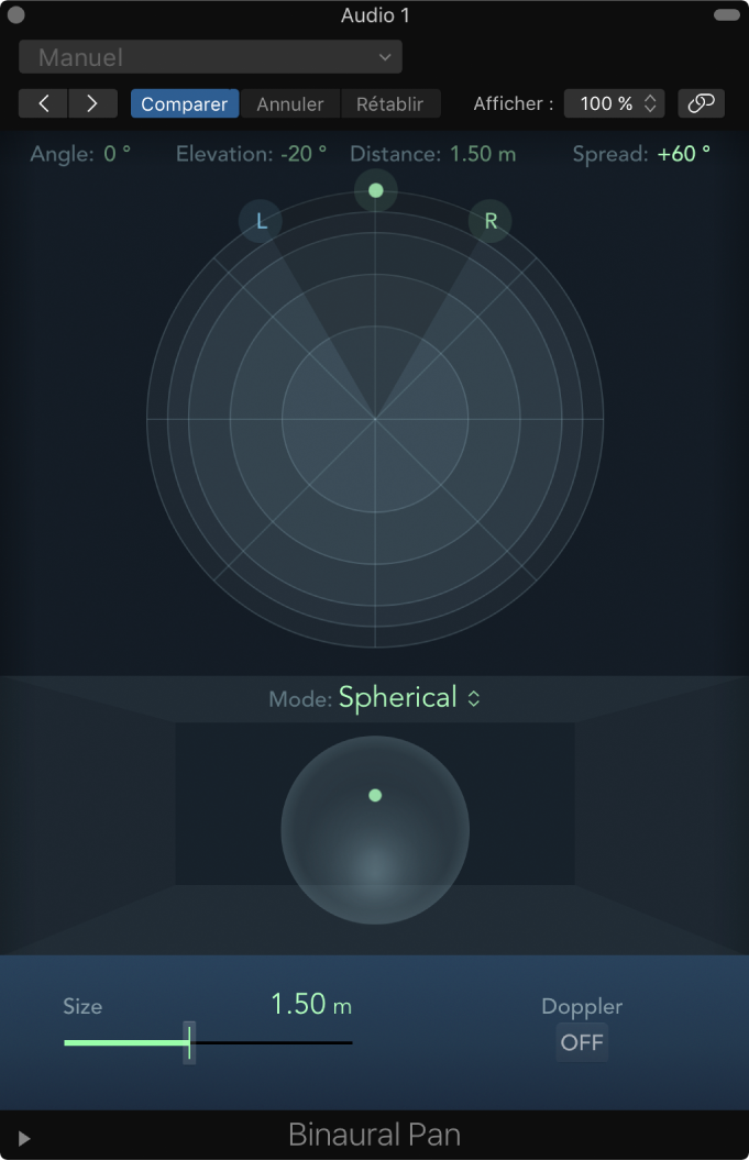 Figure. Mode sphérique dans la fenêtre de l’outil Binaural Panner.