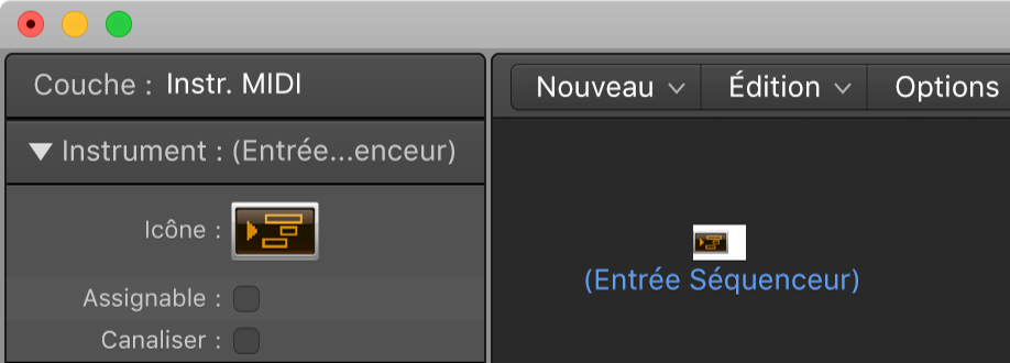 Figure. Fenêtre d’environnement affichant un objet Entrée du séquenceur et son inspecteur.