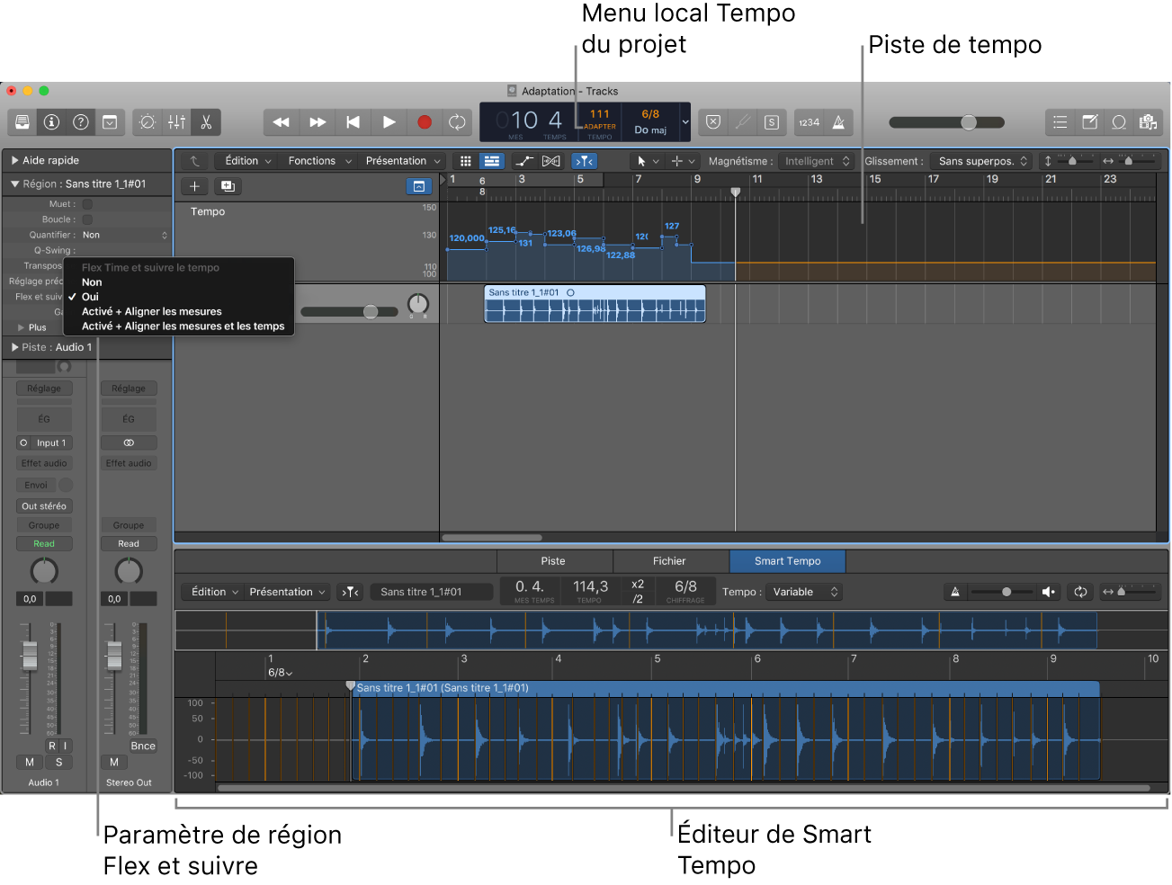 Figure. Projet montrant l’enregistrement, le mode Adapter choisi, les changements de tempo dans la piste du tempo et l’éditeur de Smart Tempo ouvert.