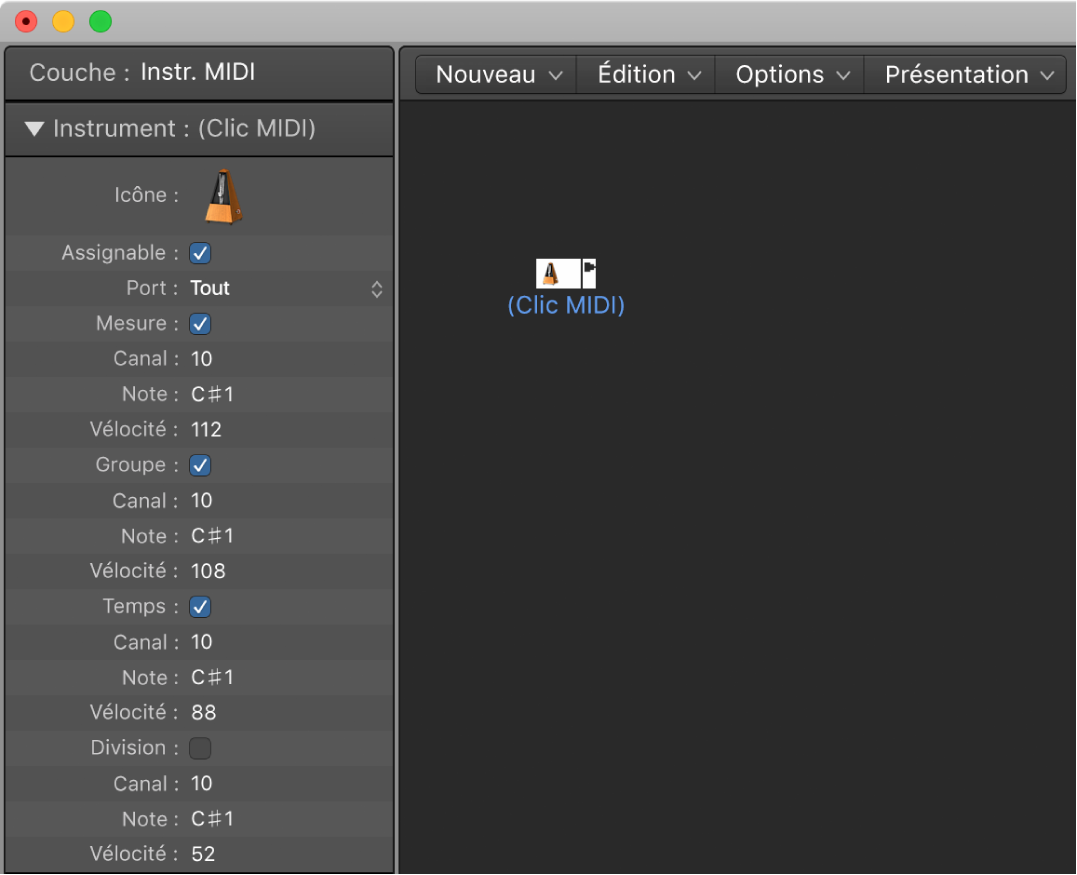 Figure. Fenêtre Environnement affichant un objet Clic MIDI et son inspecteur.
