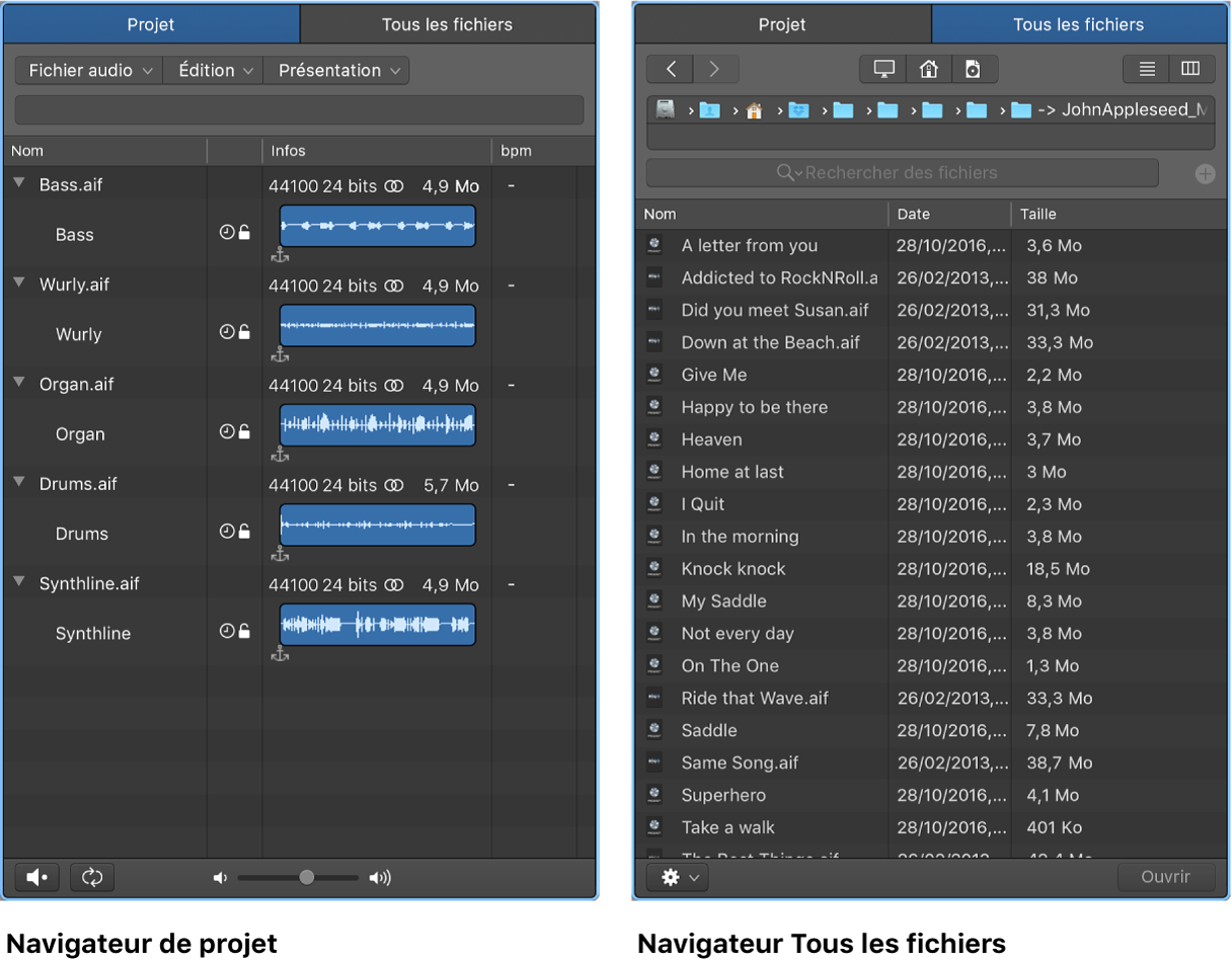 Figure. Navigateur audio du projet et navigateur Tous les fichiers.