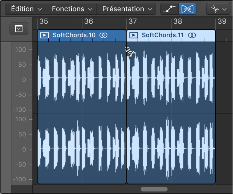 Figure. Scission d’une région audio dans l’éditeur de piste audio à l’aide de l’outil Ciseaux.