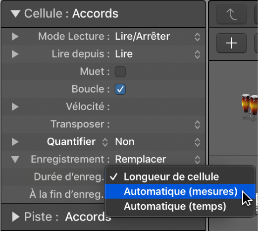 Figure. Menu local des réglages « Durée d’enreg. » dans l’inspecteur de cellule.