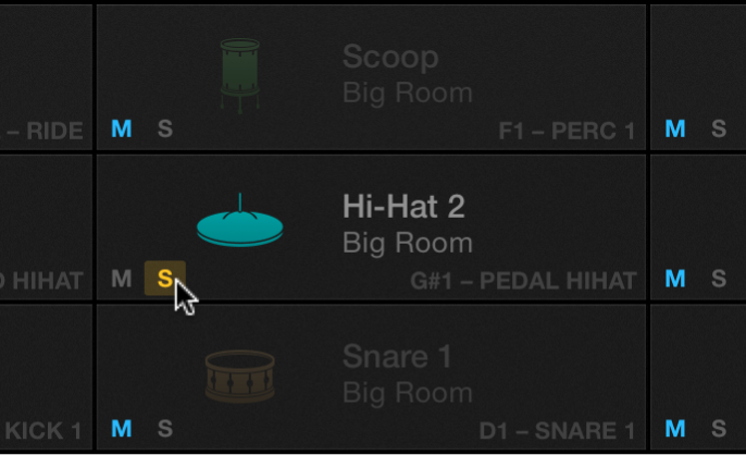 Figure. Bouton Solo du pad dans Drum Machine Designer.