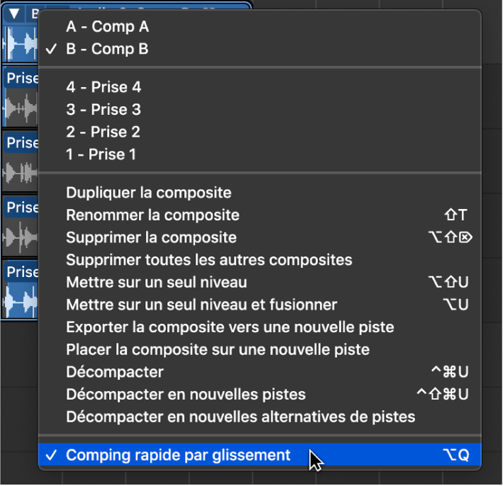 Figure. Sélection de l’option « Comping rapide par glissement » dans le menu local.