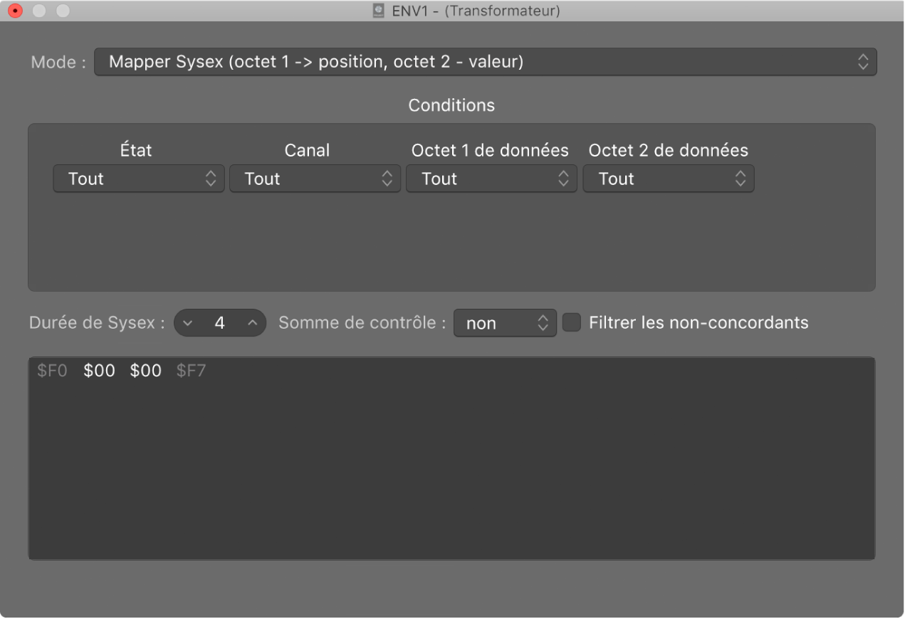 Figure. Mapper SysEx dans la fenêtre Transformateur.