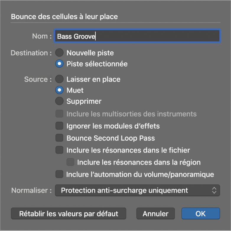 Figure. Zone de dialogue « Bounce des cellules à leur place ».