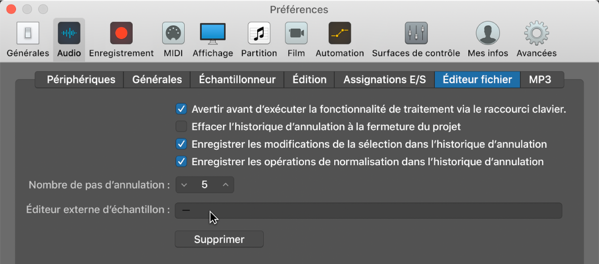 Figure. Sous-fenêtre Éditeur d’échantillons dans les préférences Audio.