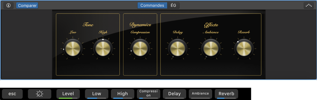 Figure. Raccourcis de l’écran des Smart Controls de piste d’instrument logiciel et des Smart Controls dynamiques.